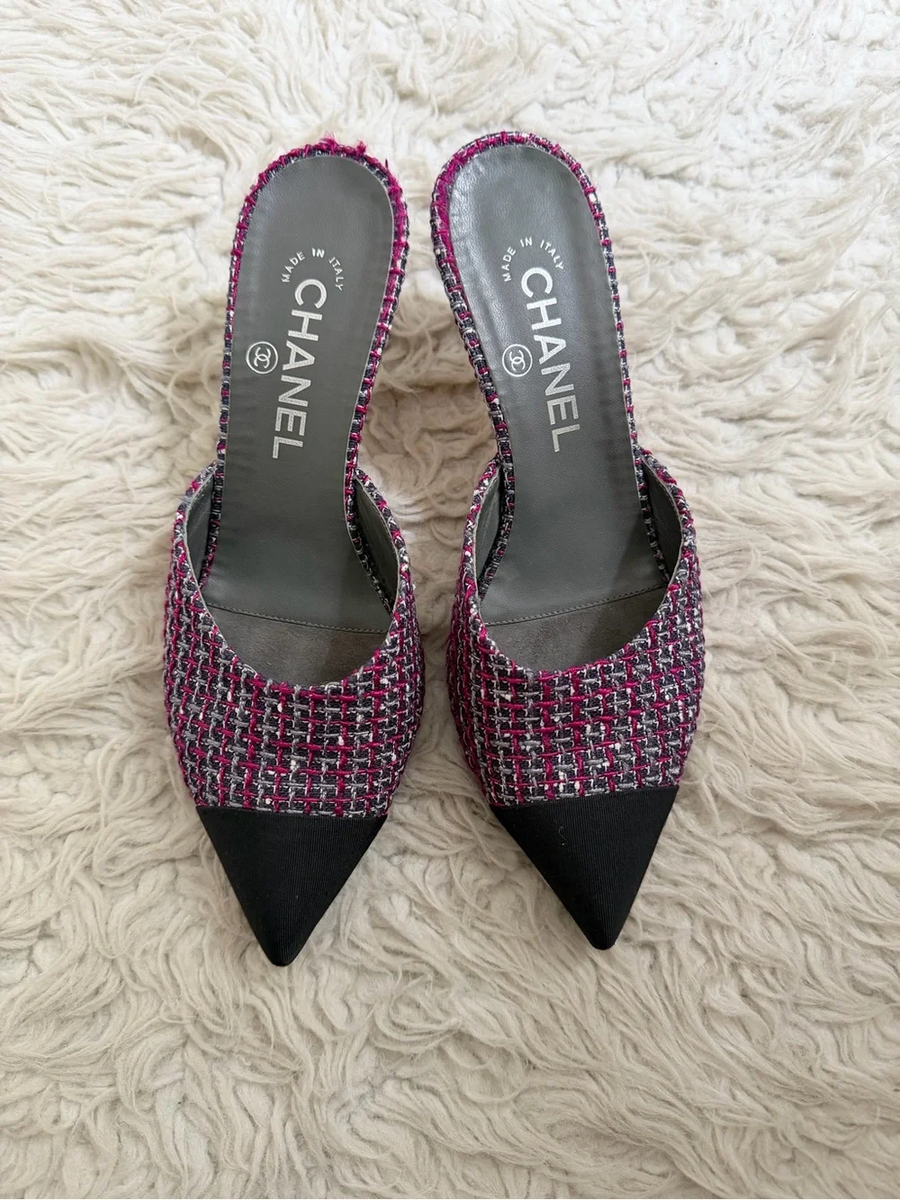 Chanel Tweed CC Logo Mule Heels